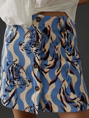 Maeve by Anthropologie Blue & Cream Printed Button Skirt